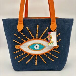 Embroidered Evil Eye Tote Bag Navy Orange Beach Bag Shopper Travel Bag